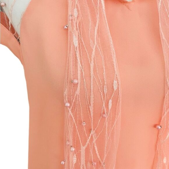 MUGLER peach blouse with front lace & pearl tie, lace shoulders size 6. - Picture 3 of 9